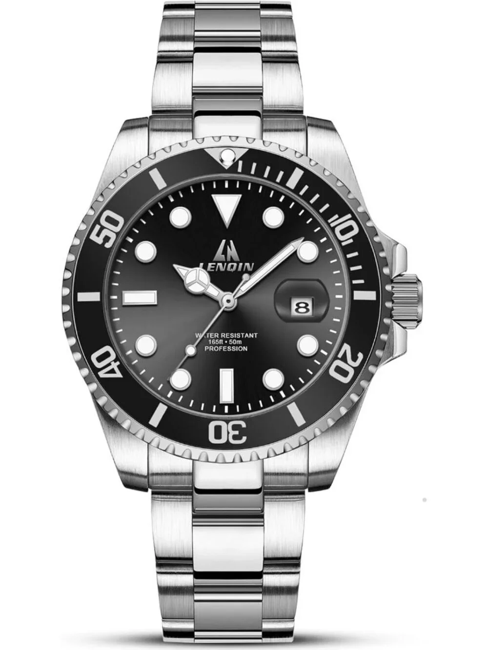 Men's Silver Black Stainless Steel Analog Quartz Waterproof Luminous Round Watch